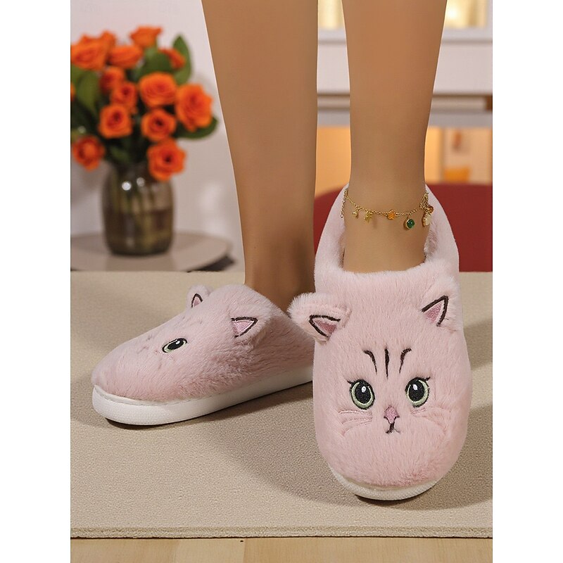 Women's Plush Cat Slippers – Cozy Furry Indoor House Shoes with Cute Animal Design for Winter and Home Comfort