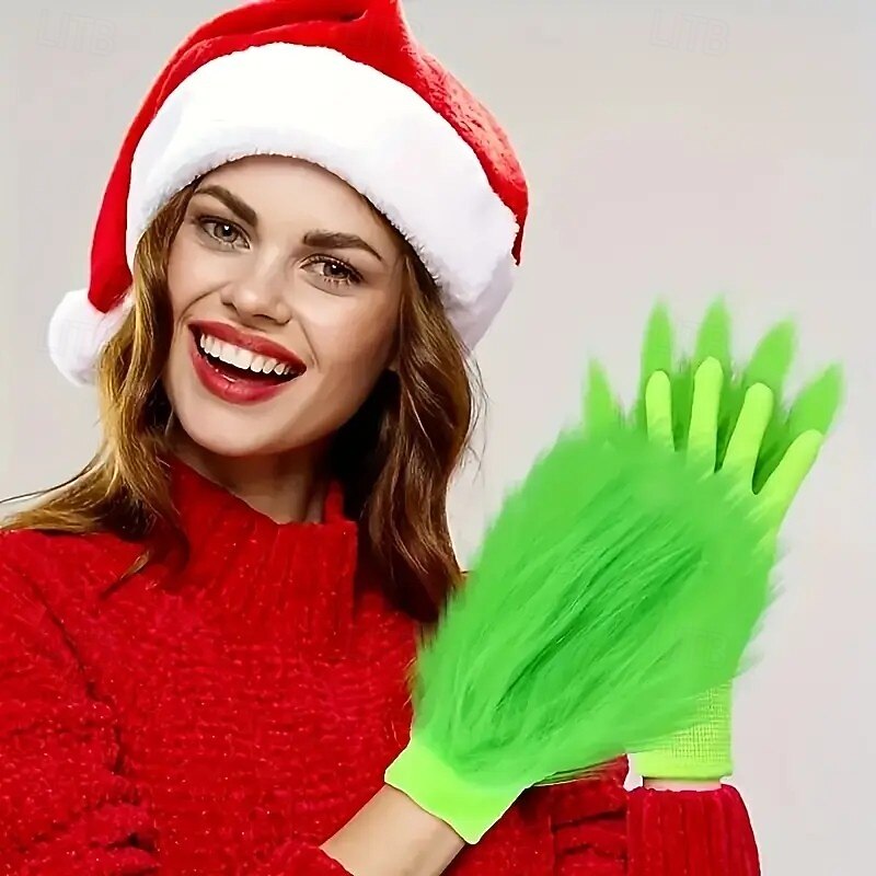 1 Pair Christmas Green Monster Gloves, Cute Fluffy Costume Props for Xmas Halloween Cosplay, Party Decoration, Photo Shoot and Stage Performance Accessories