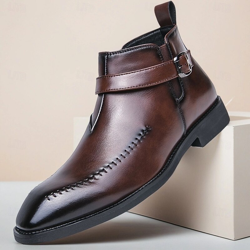 Men's Brown Faux Leather Buckle Ankle Boots – Stylish Stitched Dress Shoes for Weddings, Parties and Evening Wear