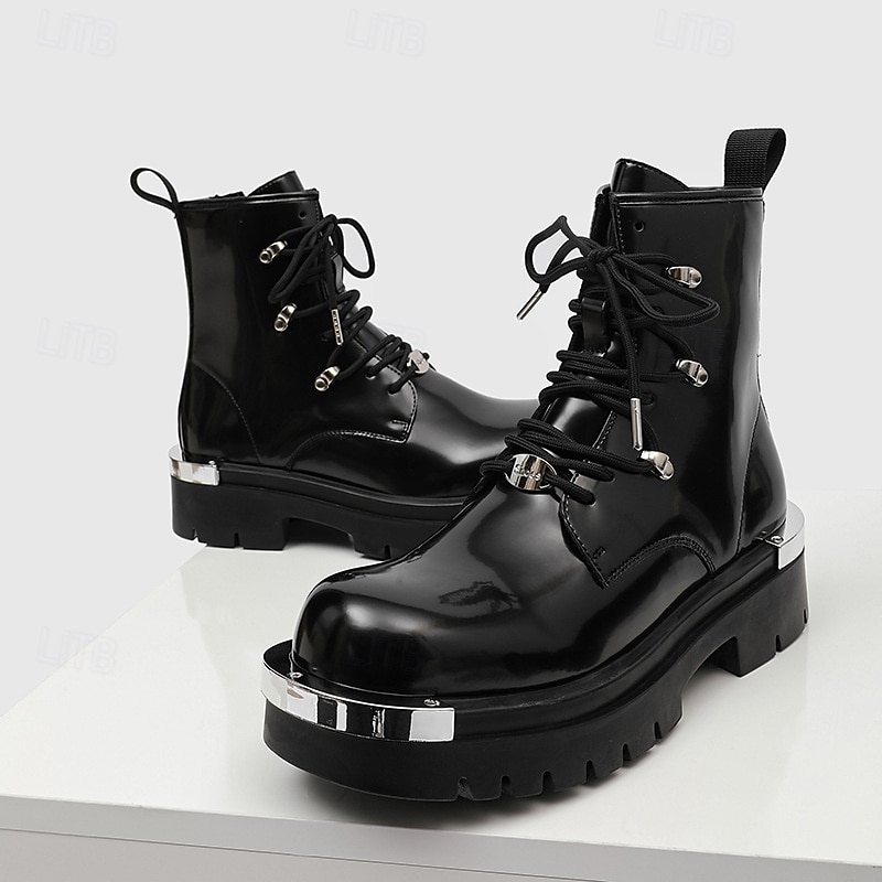 Men's Black Shiny Gothic Platform Boots Lace-Up Punk Combat Boots with Metal Plate Accents for Halloween Parties, Cosplay Events and Rock Stage Shows2