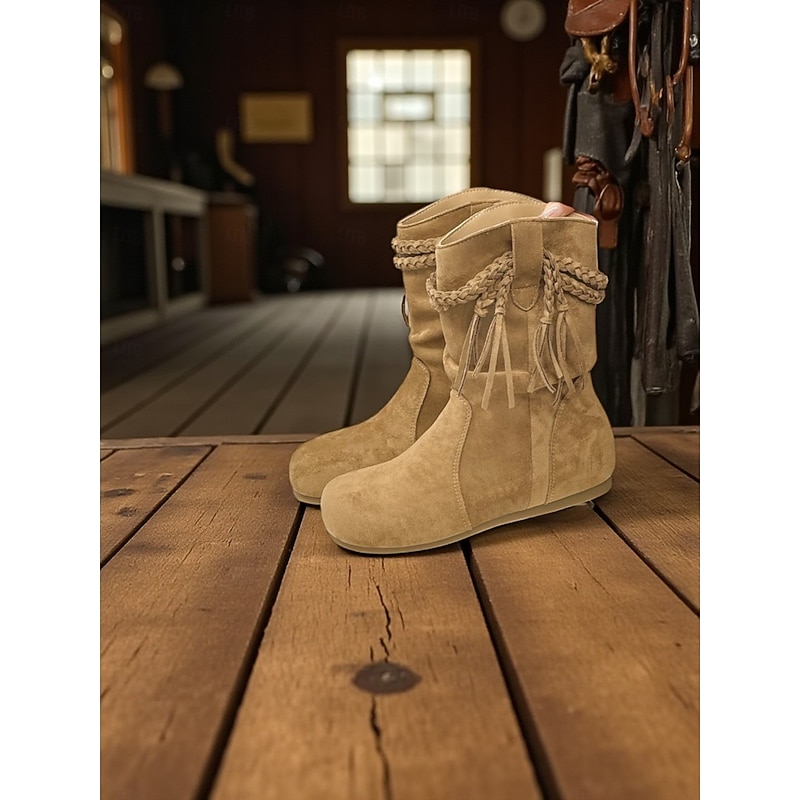 Women's Suede Mid-Calf Boots with Braided Tassel Details, Bohemian Casual Style Comfortable Flat Sole Shoes for Women's Urban Streetwear and Everyday Outfits4