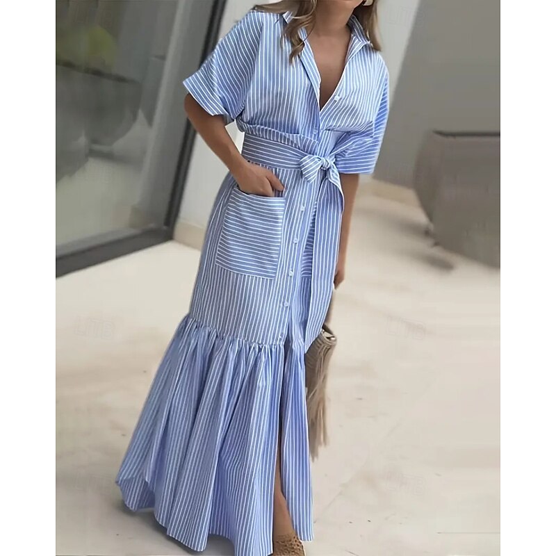 Women's Long Dress Maxi Dress Shirt Dress Modern Outdoor Vacation Daily Regular Fit Striped Short Sleeve Crew Neck Shirt Collar Magenta Black Pink Red Spring Fall4