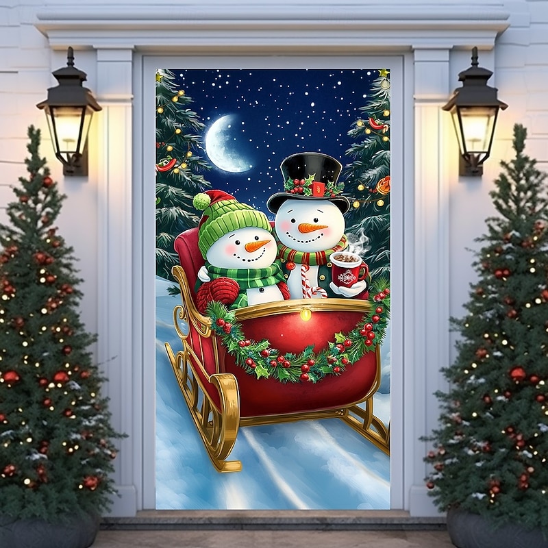Christmas Door Cover Winter Holiday Curtain Decoration Festive Drapes Featuring Sleigh And Snowman With Merry Christmas Print Large Fabric Panel For Home Living Room Bedroom Entryway Wall Decor