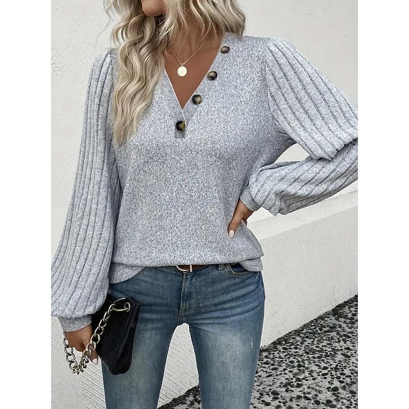Women's Blouse Solid Color Stylish Casual Long Sleeve V Neck Regular Tops Daily Buttons Gray Spring Fall Winter2