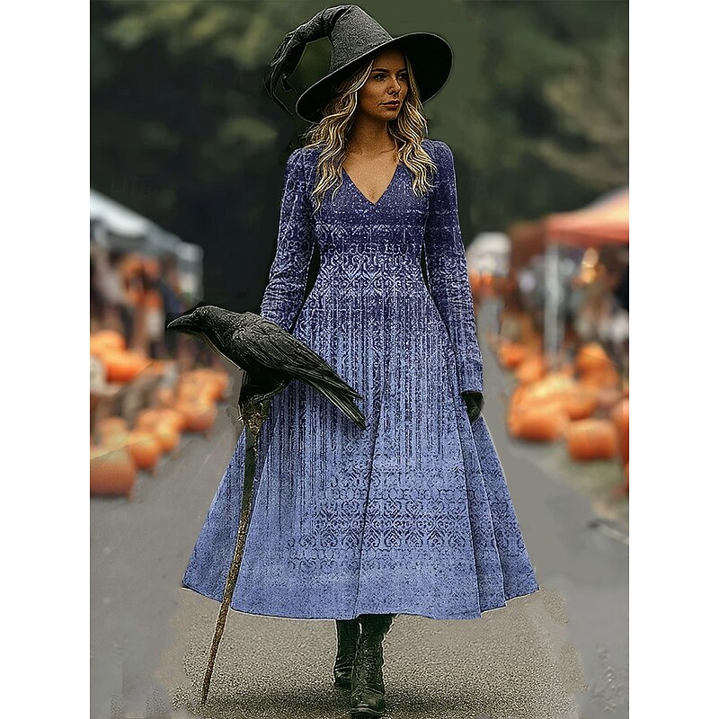 Women's Midi Dress A Line Dress Vacation Casual Daily Holiday Date Regular Fit Ombre Graphic Long Sleeve V Neck Blue Purple Orange Green Fall Winter