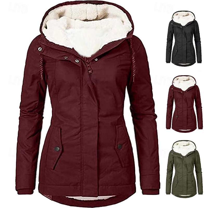 Women's Winter Coat Hoodie Jacket Warm Comfortable Zipper Pocket Casual Plain Outdoor Vacation Daily Wear Weekend Regular Hooded Regular Fit Long Sleeve Outerwear Navy Black Red Fall Winter