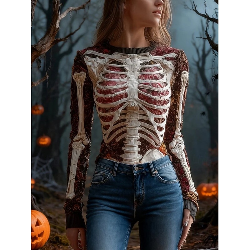 Women's Sweater Cute Streetwear Casual Graphic Skeleton Crew Neck Patchwork Knitted Long Sleeve Regular Tops Knit Halloween Black Red Fall Winter4