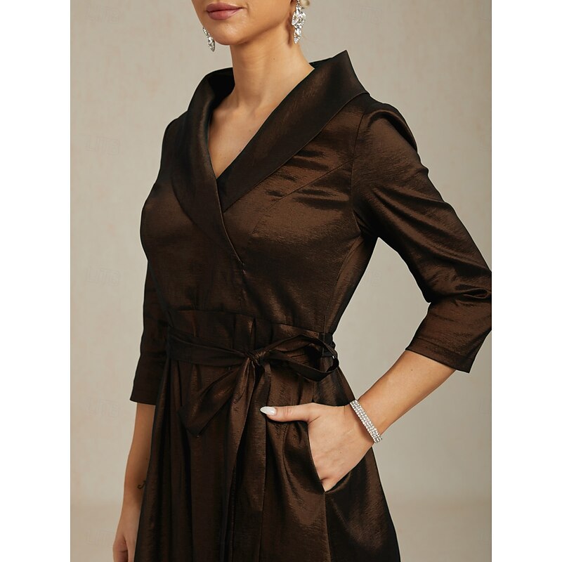 Women's Maxi long Dress Party Dress Elegant Vintage Regular Fit Solid Color 3/4 Length Sleeve V Neck Brown Fall Winter2