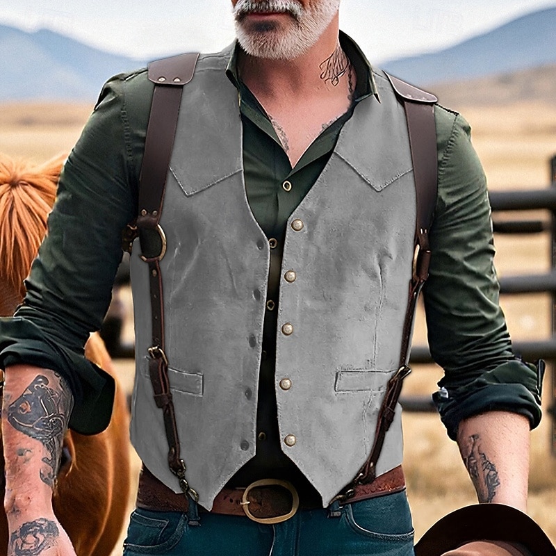 Men's Faux Suede Vest Vest Waistcoat Gilet Vacation Party Business Fashion Casual Spring Fall Pocket Buttons Polyester Comfortable Plain Single Breasted One-button V Neck Regular Fit Black Champagne3