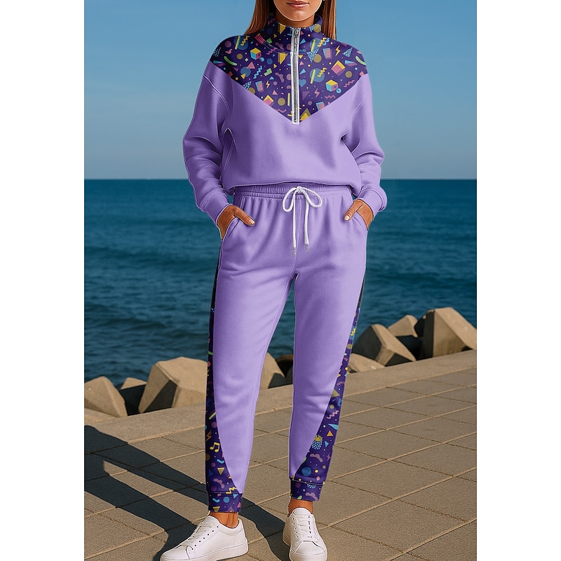 Women's Sweatshirt Tracksuit 2 Piece Tracksuit Baggy Geometric Clothing Suit Fall Purple Vocation Outdoor Travel Lightweight Fashion Long Sleeve Sport Activewear Stretchy Regular Fit