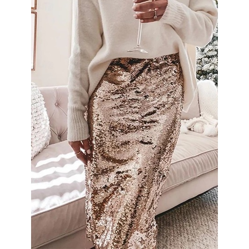 Women's Skirt Bodycon Fashion Casual Knee-length High Waist Skirts Plain Sequins Micro-elastic Party Street Black Champagne Spring Polyester