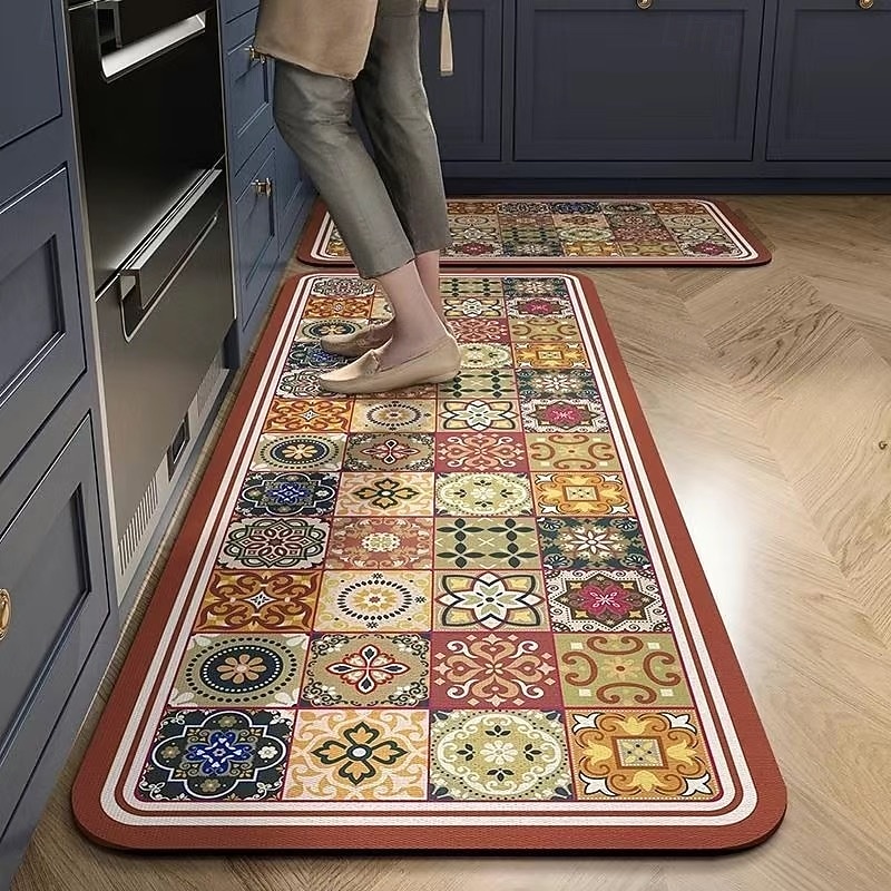 Kitchen Rugs Mats Non-Skid Washable Anti-Fatigue, Non-Slip Absorbent Crystal Velvet Runner Rubber Backed for Floors, Machine Washable Moroccan Mosaic Vintage Standing Mats for Laundry Room, Hallway2