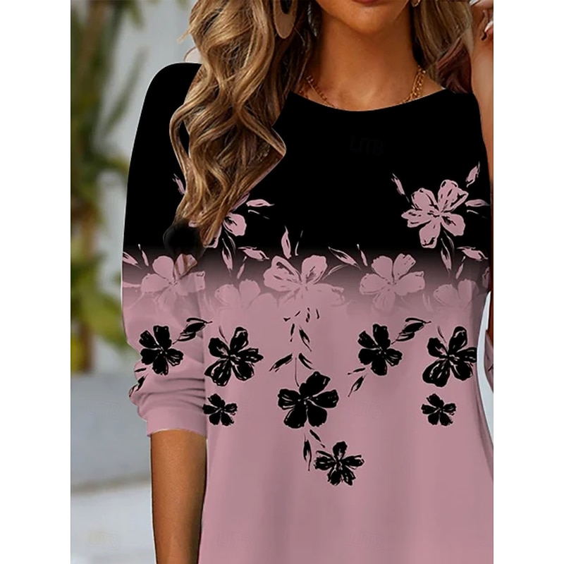 Women's T Shirt Ombre Floral Graphic Vintage Stylish Classic Long Sleeve Crew Neck Round Neck Regular Tops Daily Print Dusty Rose Spring Fall Winter2