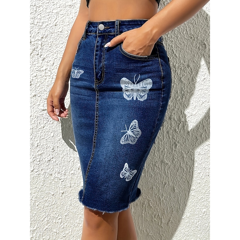 Women's Skirt Bodycon Fashion Casual Knee-length High Waist Skirts Butterfly Pocket Print Micro-elastic Street Daily Black Navy Blue Blue Spring Polyester Denim3