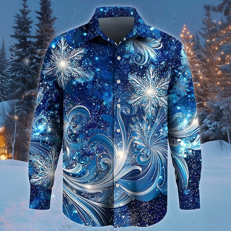 Christmas Men's Snowflake Christmas Costume Shirt Button Up Shirt Long Sleeve Funny Outdoor Holiday Spring Fall Turndown 3D Print Collared Shirts Blue 1# Blue2