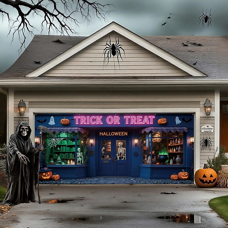 Halloween Garage Door Cover Halloween Store Pumpkin Skull Bat Cross Tomb Banner Haunted House Horror Scene Spooky Backdrop Tapestry for Outdoor Wall Fence Yard Decor2