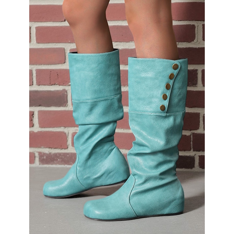Women's Mid Calf Slouchy Boots – Retro Button Detail Faux Leather Flat Winter Shoes for Casual Outfits and Travel2