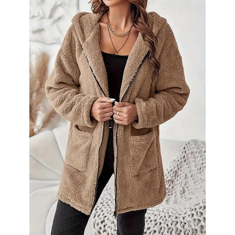 Women's Sherpa Jacket Comfortable Breathable Zipper Pocket Elegant Casual Plain Vacation Street Casual Daily Wear Zipper Regular Long V Neck Regular Fit Long Sleeve Outerwear Khaki Spring Fall3