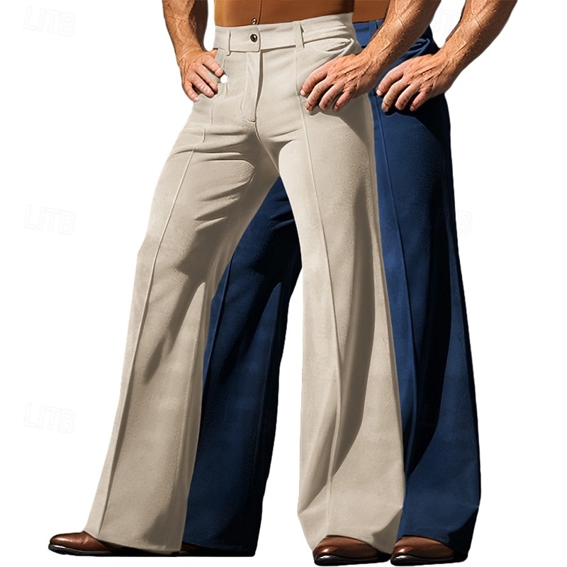 Men's Trousers Dress Pants Bell Bottom Flared Pants Velvet Pants Pocket Plain Comfort Breathable Full Length Outdoor Daily Going out Fashion Ethnic Style beige+khaki Green+Khaki Micro-elastic2