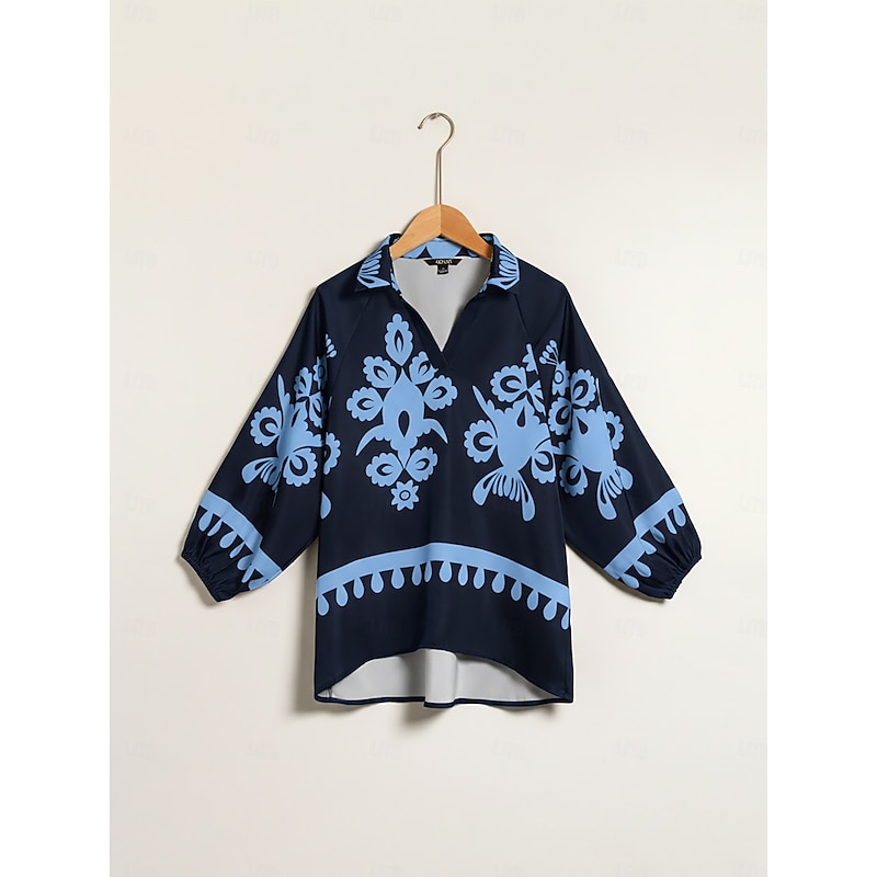 Women's Blouse Blue Floral Embroidered Shirt Collar 3/4 Sleeve Bohemian Casual Elegant Vacation Summer3