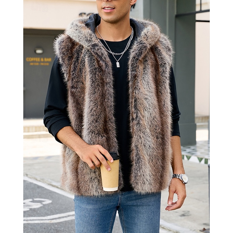Men's Vest Faux Fur Gilet Outdoor Daily Fashion Casual Fall Winter Faux Fur Thermal Warm Comfortable Plain Hooded Regular Fit Brown Vest
