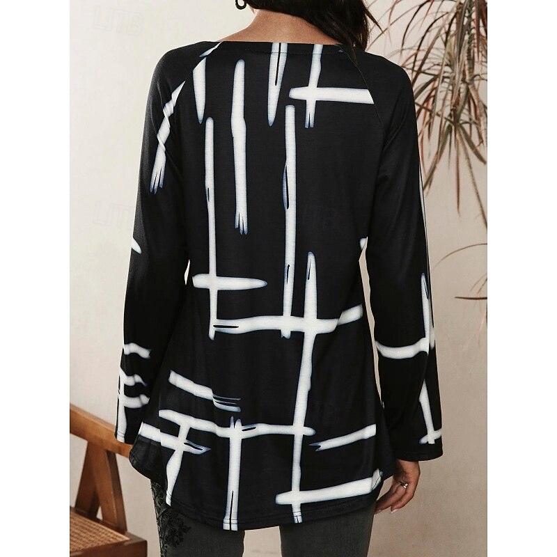 Women's T Shirt Plaid Basic Long Sleeve Flutter Sleeve V Neck Long Tops Daily Sports Buttons Black White Red Fall Winter3