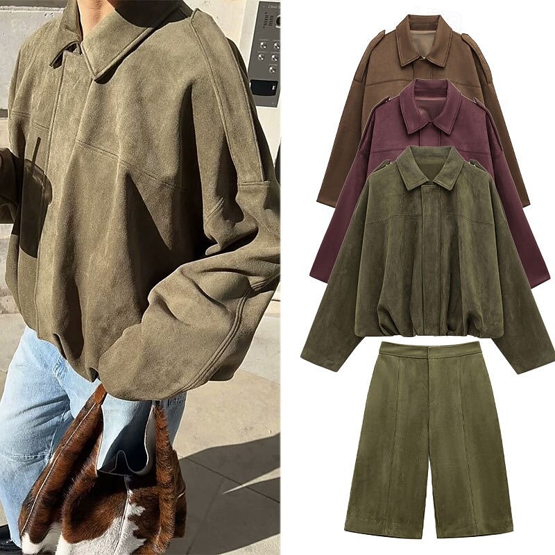 Women's Faux Leather Jacket Comfortable Zipper Casual Plain Vacation Street Casual Daily Wear Regular Turndown Regular Fit Long Sleeve Outerwear Fuchsia Brown Army Green Fall Winter