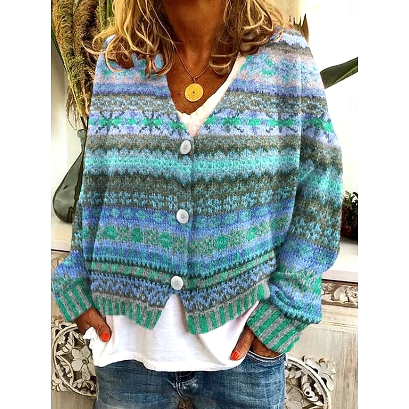 Women's Sweater Cardigan Elegant Vintage Fashion Graphic Geometric Paisley V Neck Pocket Knitted Print Long Sleeve Regular Tops Knit Outdoor Daily Weekend Army Green Light Brown Fall Winter2