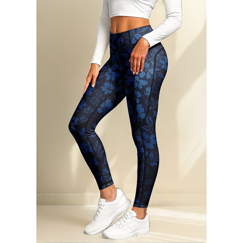 Women's pilates leggings fitness pants Gym Leggings Pockets Stamp Duty Side Pockets Pilates Gym Gym Workout Pants Tights Leggings Floral Pink Red Navy Blue Sports Activewear Stretchy Tight Fit3