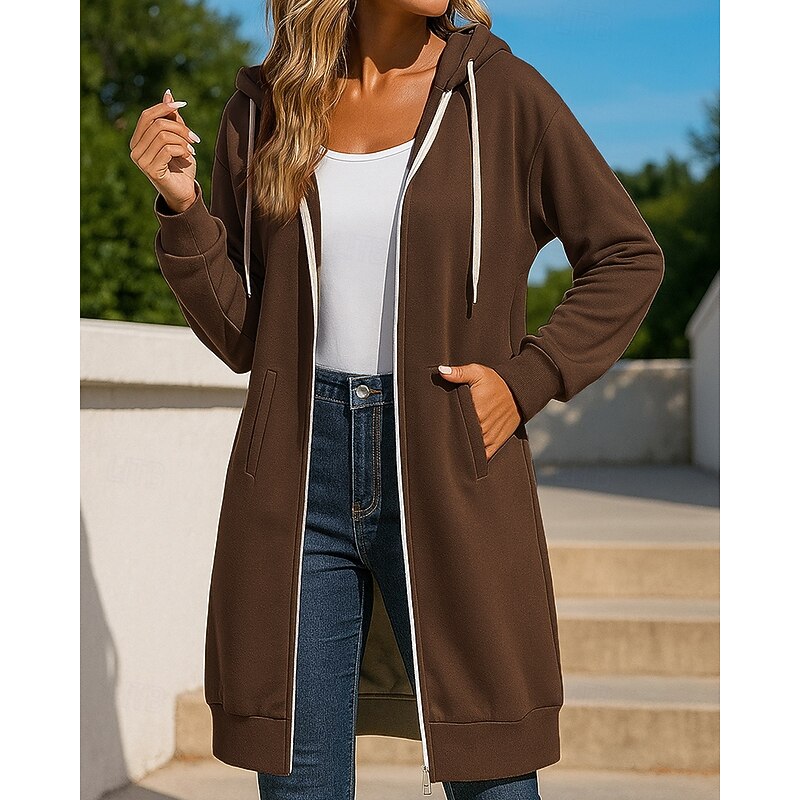 Women's Zip Up Sweatshirt Long Hooded Sweatshirt Drawstring with Pockets Long Sleeve Top Athleisure Fall Solid Colored Outdoor Travel Sports Sportswear Activewear Black White Red4