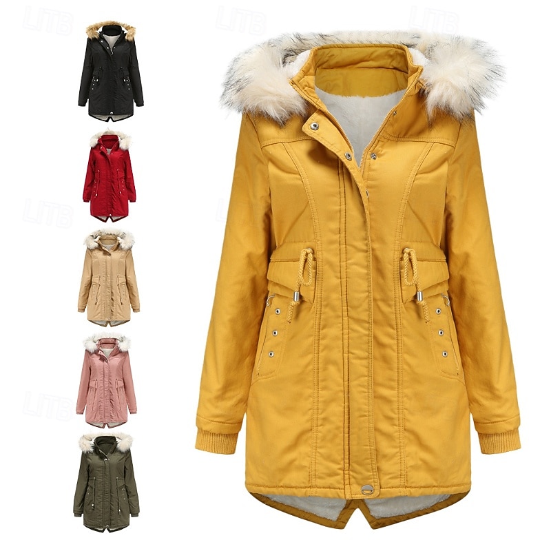 Women's Winter Coat Parka Warm Comfortable Zipper Pocket Casual Plain Vacation Casual Daily Wear Going out Long Hooded Regular Fit Long Sleeve Outerwear Black Yellow Pink Fall Winter