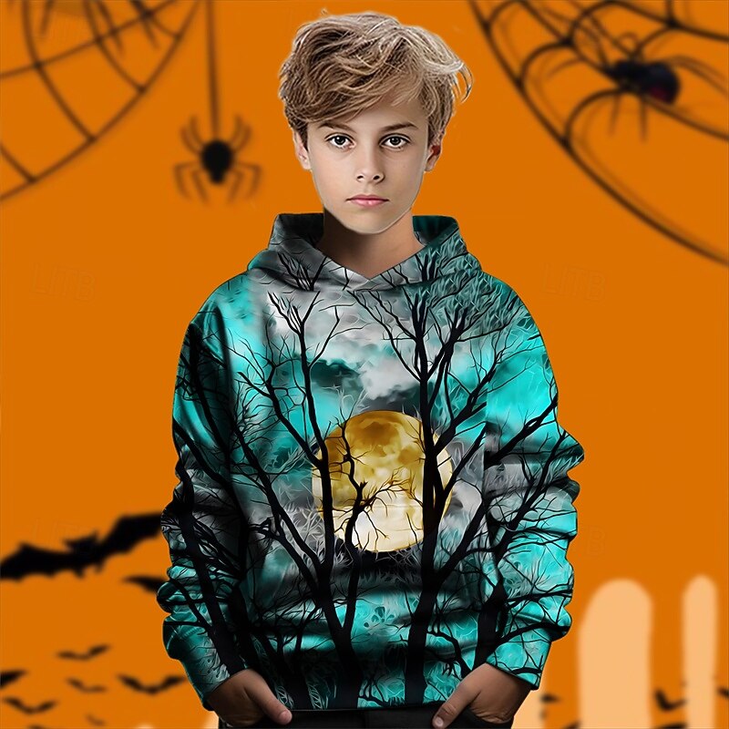 Halloween Boys' 3D Tree Hoodie Long Sleeve Spring Fall Fashion Streetwear Kids 4-12 Years Hooded Outdoor Casual Daily Regular Fit