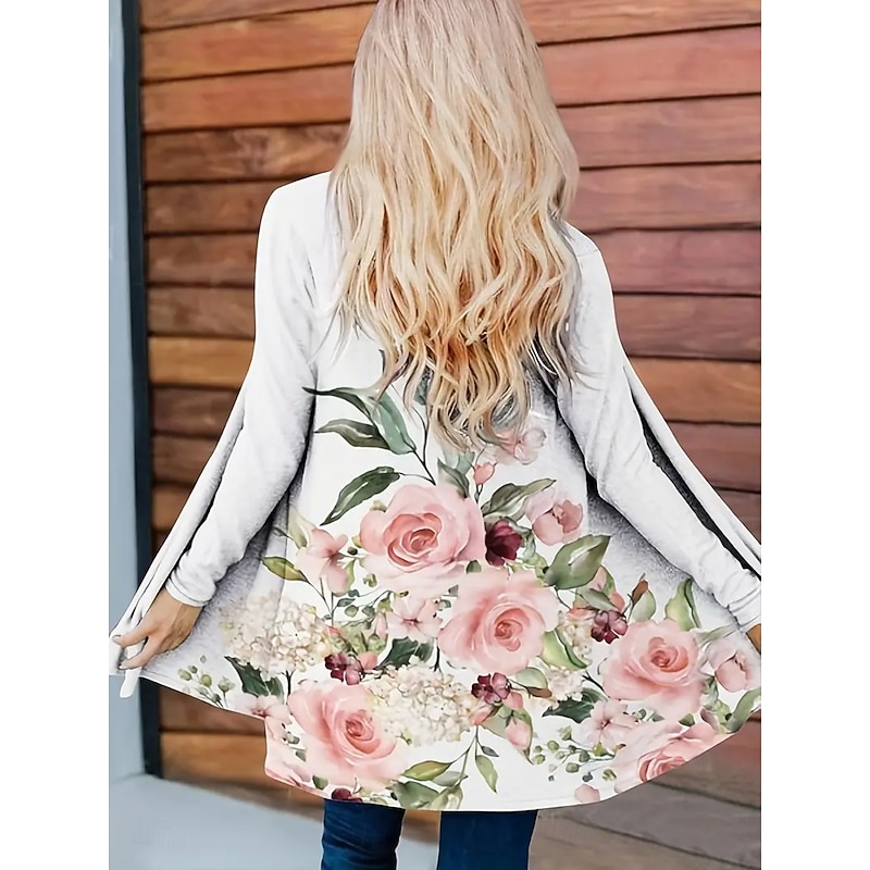 Women's Winter Coat Trench Coat Lightweight Comfortable Print Open Front Vintage Fashion Casual Floral Vacation Casual Long Collarless Regular Fit Long Sleeve Outerwear White Blue Spring Fall2