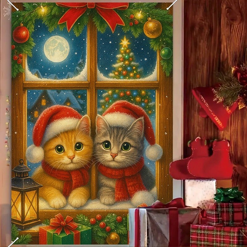 Christmas Cat and Dog Curtain, 2025 Xmas Pet Theme Window Curtain Door Cover for Holiday Party Decoration, Indoor Outdoor Hanging Tapestry3