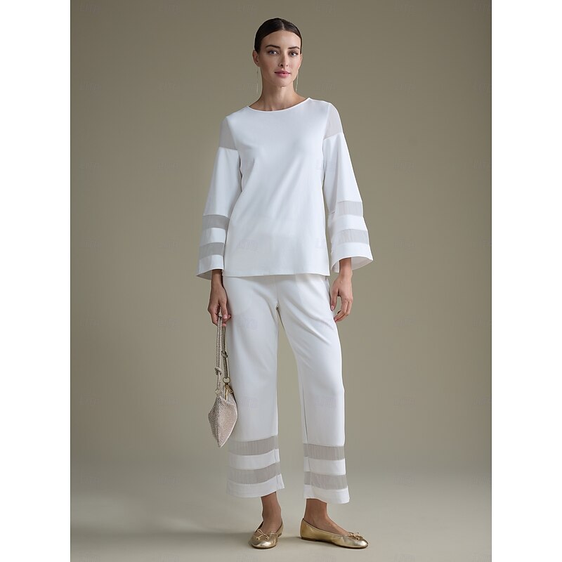 Women's Elegant White Modal Top Fitted with Sheer Chiffon Sleeves Stylish Lightweight Comfortable Daily Work Evening Fall2