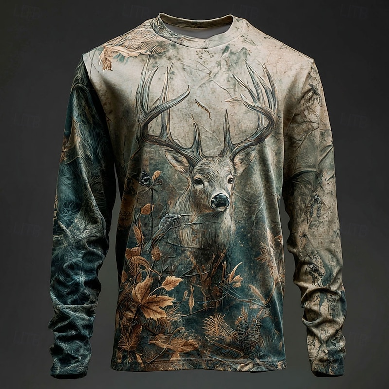 Men's Camo Deer T Shirt Long Sleeve T shirt 3D Print Crew Neck Shirt Fashion Outdoor Street Sports Outdoor Hunting Green 1# Green 2# Blue Summer Spring Clothing Apparel S M L XL XXL XXXL3