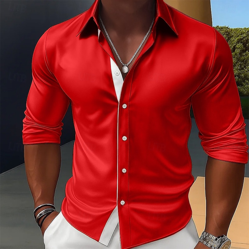 Men's Shirt Satin Shirt Dress Shirt Casual Shirt Button Up Shirt Prom Shirt Plain Formal Wedding Black Red Royal Blue Gold Long Sleeve Lapel All Seasons Clothing Apparel Color Block4
