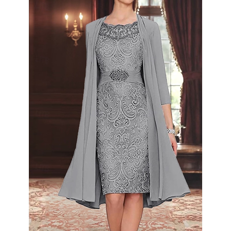 Dress SeMother of the Bride Dress Elegant Simple Crew Neck Knee Length Polyester Long Sleeve with Solid Color Graduation Dress