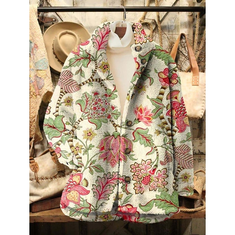 Women's Fleece Jacket Casual Jacket Comfortable Breathable Pocket Print Casual Floral Vacation Street Casual Daily Wear Zipper Long Turndown Regular Fit Long Sleeve Outerwear Blue Dark Green Green