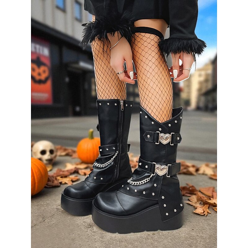 Women's Gothic Platform Mid Calf Boots Punk Rock Rivet Chain Black White Shoes for Halloween Party, Cosplay Costume, Nightclub Streetwear and Gothic Fashion2