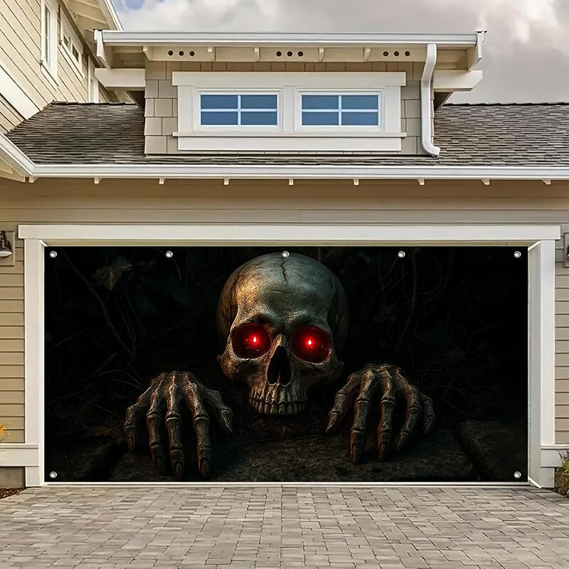 Halloween Garage Door Cover, Black Skull Horror Curtain, Haunted House Scary Outdoor Decoration, Creepy Skeleton Blood Splatter Door Banner Party Decor