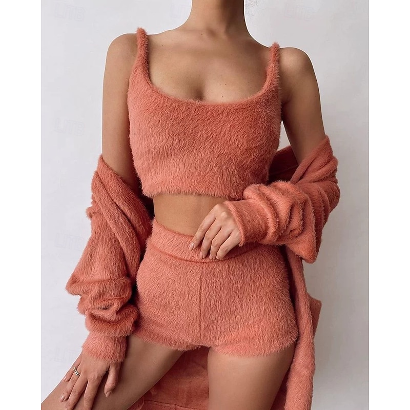 Women's Pajamas Loungewear Fashion Casual Pure Color Shorts Vacation Home Bed Long Sleeve Crew Neck Orange Fall Winter Regular Fit