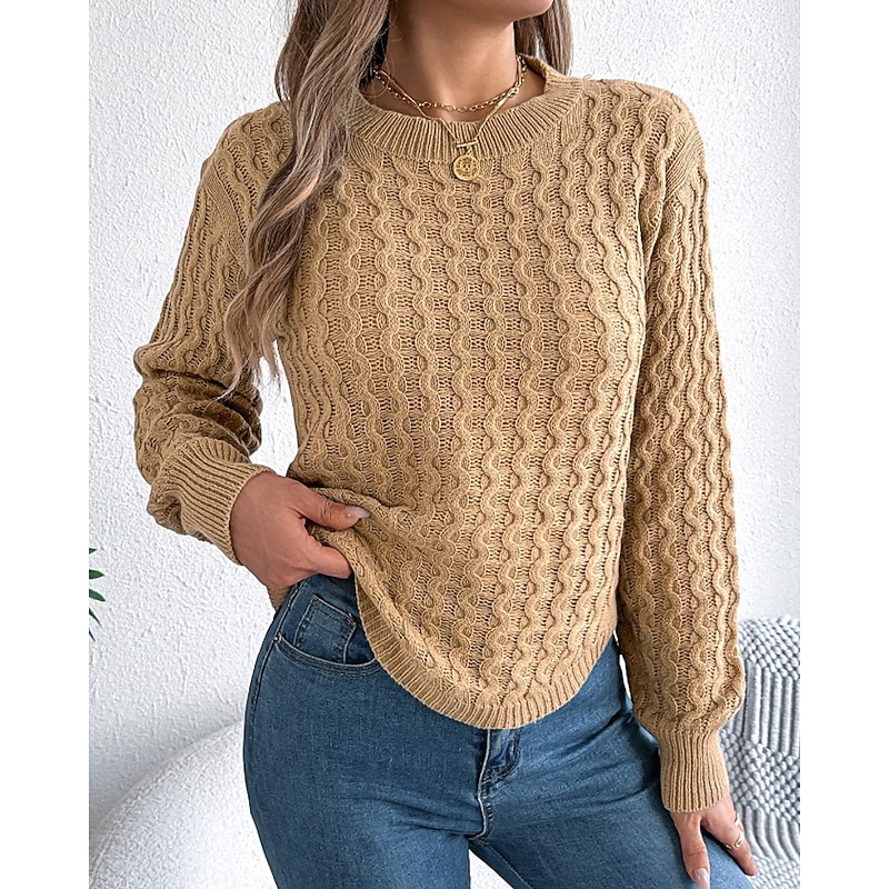 Women's Sweater Pullover Streetwear Casual Solid Color Cable Crew Neck Knitted Long Sleeve Regular Tops Knit Daily Holiday Going out Wine Red White Fall Winter4