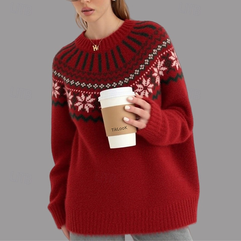 Women's Christmas Sweater Fair Isle Sweater Fashion Casual Snowflakes Ribbed Crew Neck Knitted Long Sleeve Regular Tops Knit Outdoor Daily Weekend Red Fall Winter