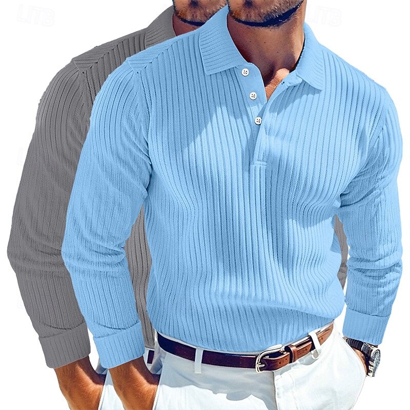 Men's Rib Knit Top Golf Shirt Street Casual Lapel Long Sleeve Basic Modern Plain 2 Piece Buttons Spring Fall All Seasons Regular Fit Gray / Navy Gray / White Blue + White Blue + Gray Blue + Navy2