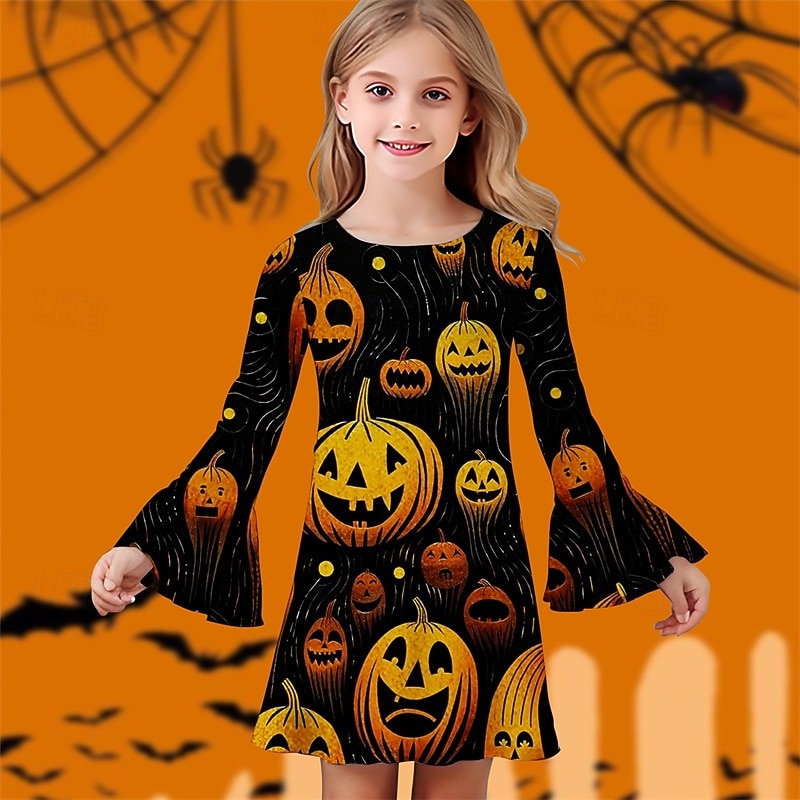 Halloween Girls' 3D Pumpkin Dress Ruffle Dress Long Sleeve Summer Spring Vacation Daily Holiday Beautiful Sweet Kids 4-12 Years Casual Dress Knee-length Regular Fit