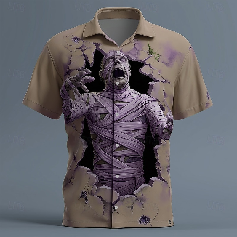 Halloween Men's Zombies Mummy Cracked Wall Shirt Button Up Shirt Short Sleeve Dark Gothic Style Holiday Streetwear Summer Spring Turndown 3D Print Collared Shirts Light Green Pink Purple Green Khaki3