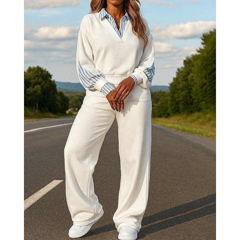 Women's Pullover Sweatsuit Sets 2 Piece Tracksuit Lounge Outfits  Baggy Color Block Clothing Suit Fall Black White Hiking Vocation Outdoor Long Sleeve Sport Activewear Micro-elastic Regular Fit