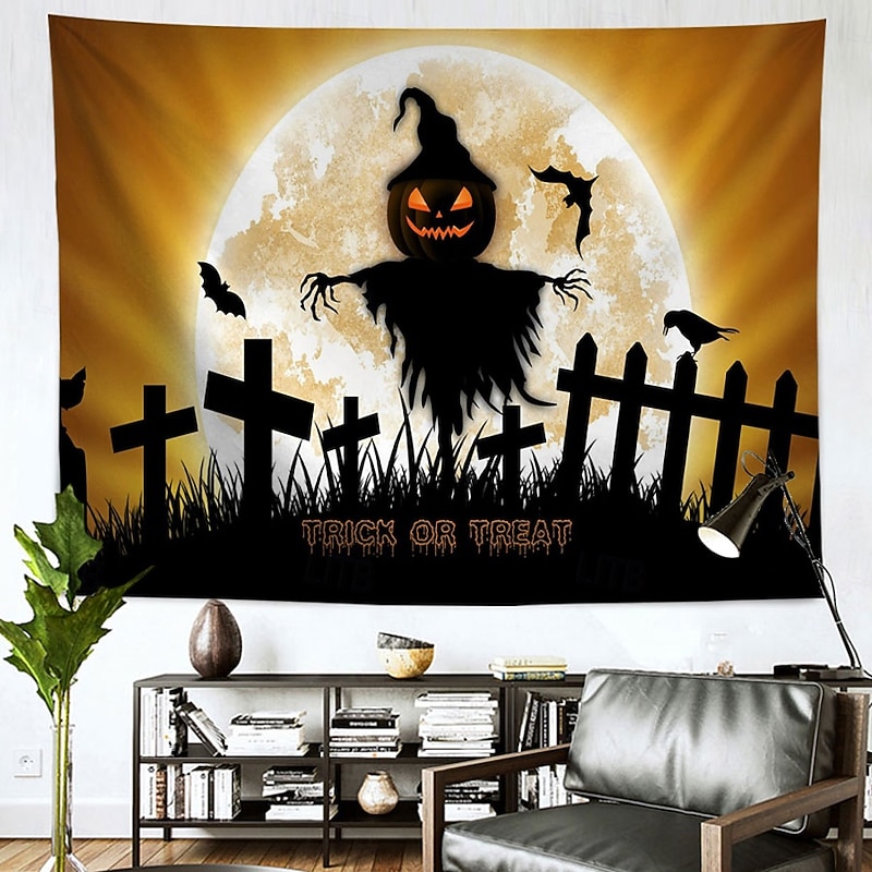 Halloween Scarecrow Tomb Bats Sunset Tapestry Peach Velvet Wall Banner Wooden Fence Bare Trees Party Decoration Bedroom Living Room Photography Background2