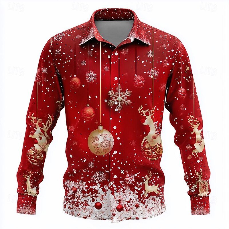 Christmas Men's Santa Claus Reindeer Christmas Baubles Shirt Button Up Shirt Long Sleeve Funny Outdoor Holiday Spring Fall Turndown 3D Print Collared Shirts Red 1 Red 4 Red 3 Red Red 23